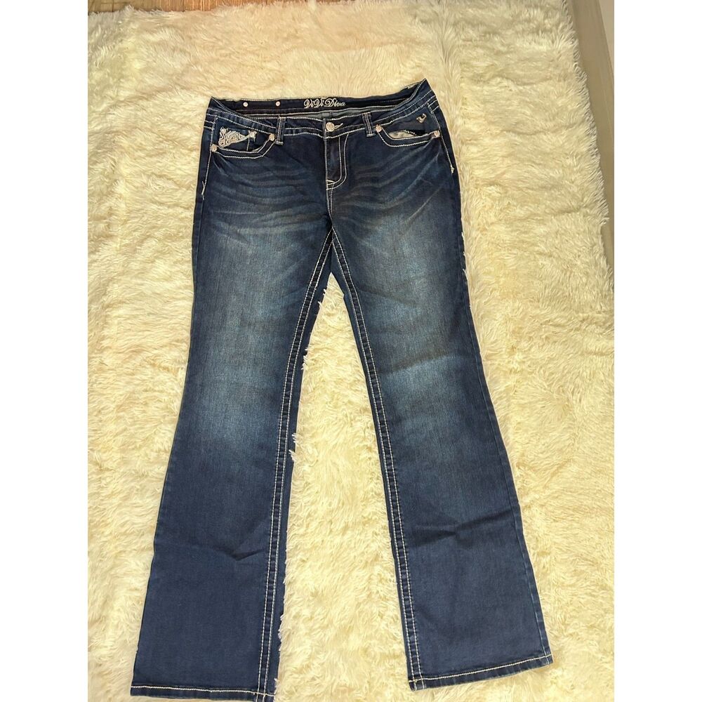 ViVi Diva Embellished Rhinestone Flap Pocket Bootcut Jeans Size 16/33